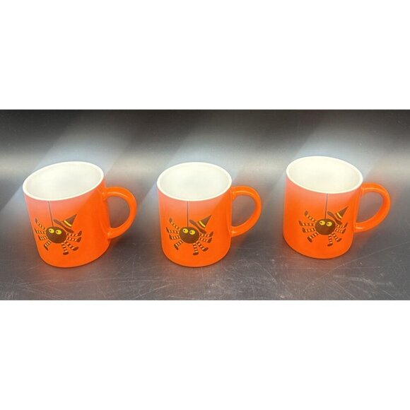 Crate & Barrel Orange Black Spider Ceramic Halloween Mugs Espresso 6oz Set Of 6 - Picture 7 of 11